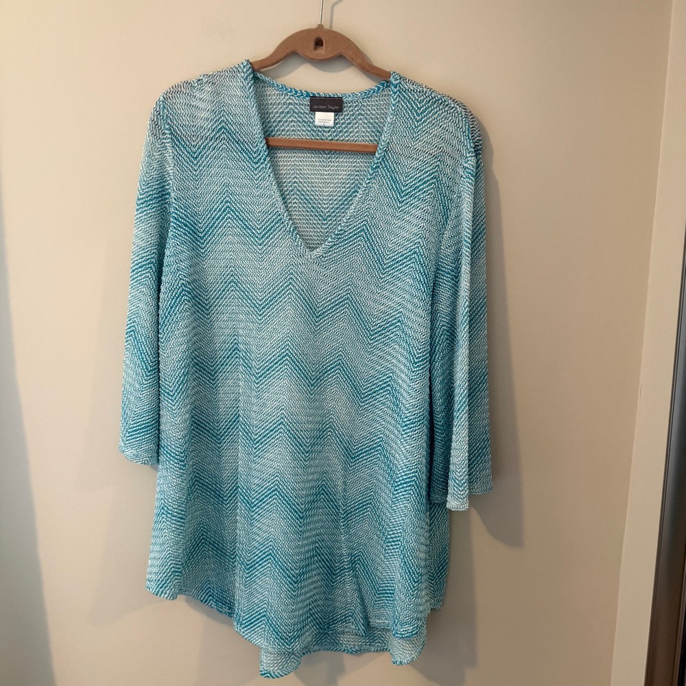Jordan Taylor Chevron Knit Beach Cover Up Teal White V‎ Neck L